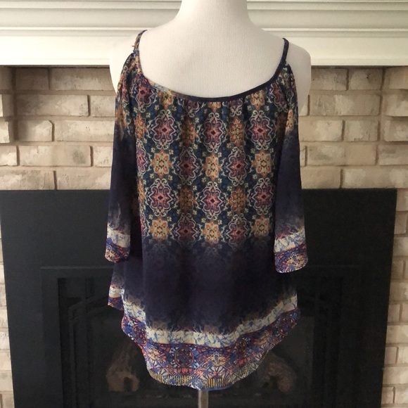 DayTrip Blue Cold Shoulder Chiffon Overlay Tank size XS - Picture 4 of 9